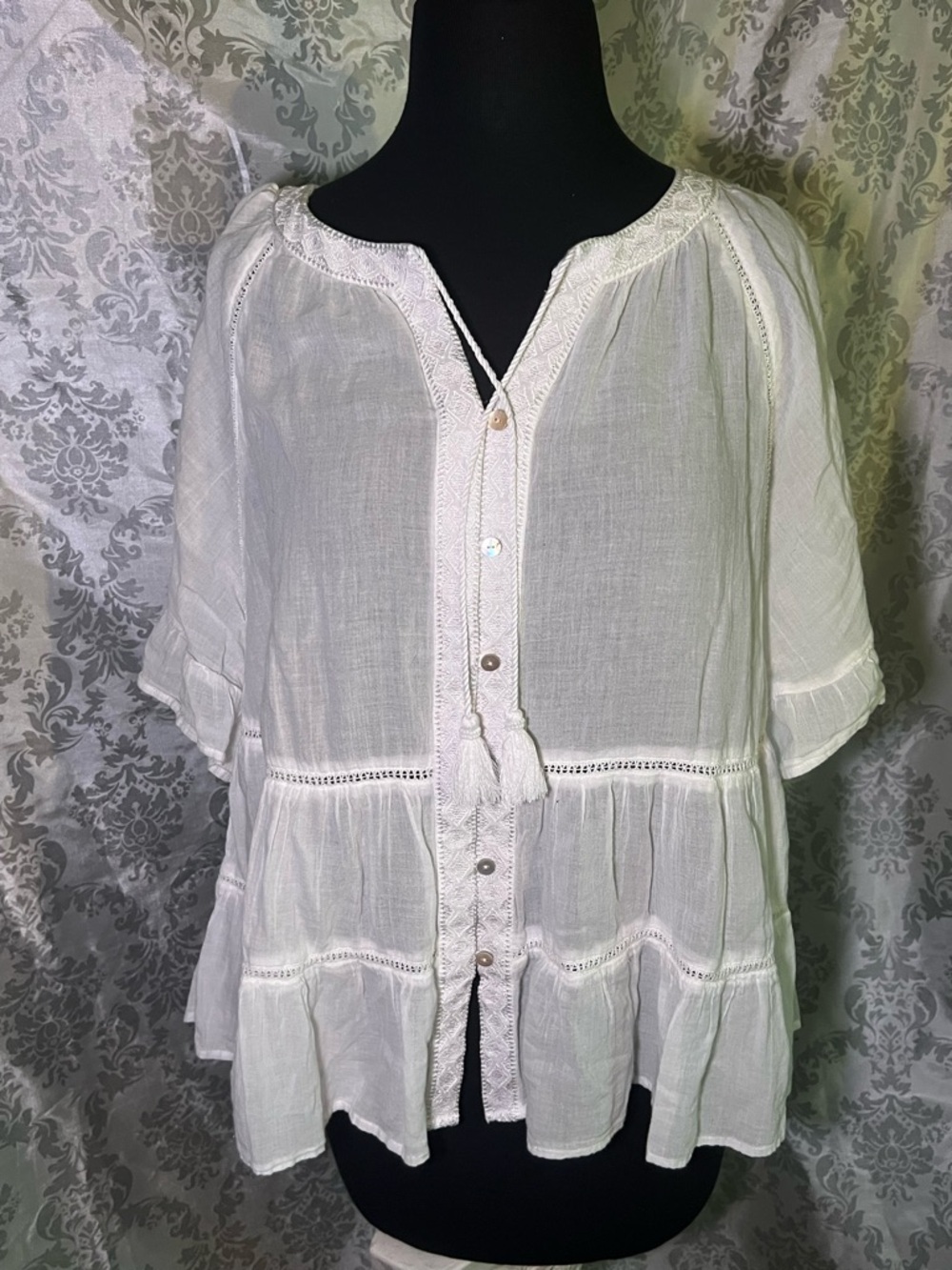 J. Jill White Tiered Peasant Blouse with Tassel Tie